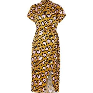 RIVER ISLAND Yellow/Gold & Pink Cheetah Print High Neck Side Slit Cocktail Dress
